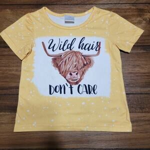Girls Short Sleeve Yellow Tee "Wild Hair Don't Care" Highland Cow - Size 2-3Y